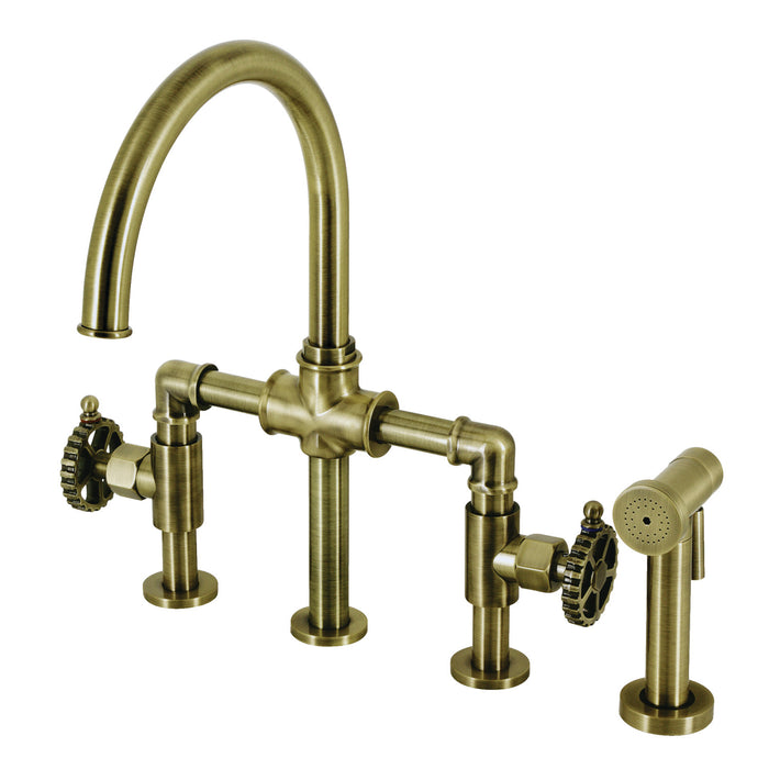 Fuller KS2333CG Two-Handle 4-Hole Deck Mount Bridge Kitchen Faucet with Brass Sprayer, Antique Brass
