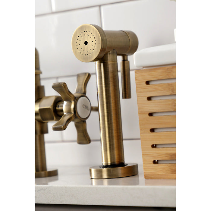 Hamilton KS2333NX Two-Handle 4-Hole Deck Mount Bridge Kitchen Faucet with Brass Sprayer, Antique Brass