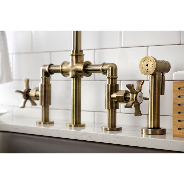 Kingston Sona KS2333NX - Hamilton Two-Handle 4-Hole Deck Mount Industrial Style Bridge Kitchen Faucet with Brass Sprayer, Antique Brass