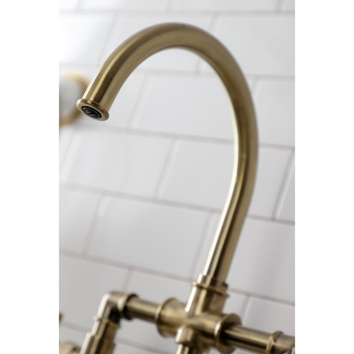 Kingston Sona KS2333NX - Hamilton Two-Handle 4-Hole Deck Mount Industrial Style Bridge Kitchen Faucet with Brass Sprayer, Antique Brass