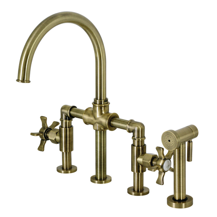 Kingston Sona KS2333NX - Hamilton Two-Handle 4-Hole Deck Mount Industrial Style Bridge Kitchen Faucet with Brass Sprayer, Antique Brass