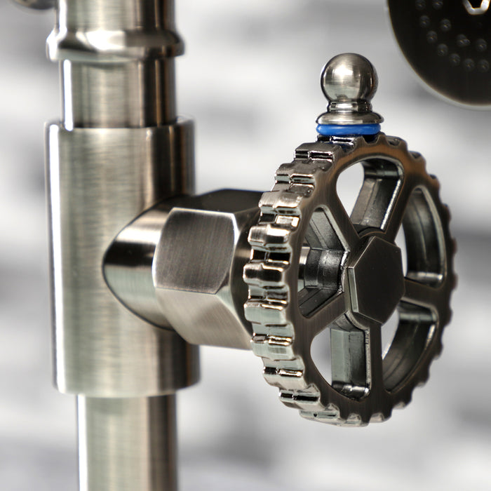 Kingston Sona KS2334CG - Fuller Two-Handle 4-Hole Deck Mount Industrial Style Bridge Kitchen Faucet with Brass Sprayer, Black Stainless