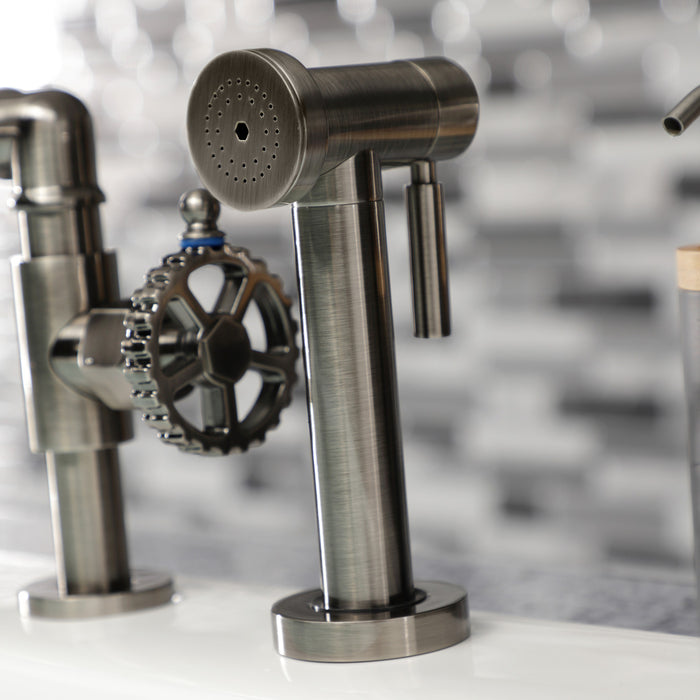 Kingston Sona KS2334CG - Fuller Two-Handle 4-Hole Deck Mount Industrial Style Bridge Kitchen Faucet with Brass Sprayer, Black Stainless