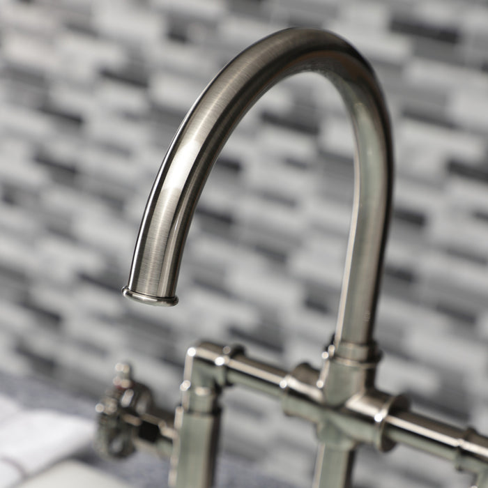 Kingston Sona KS2334CG - Fuller Two-Handle 4-Hole Deck Mount Industrial Style Bridge Kitchen Faucet with Brass Sprayer, Black Stainless