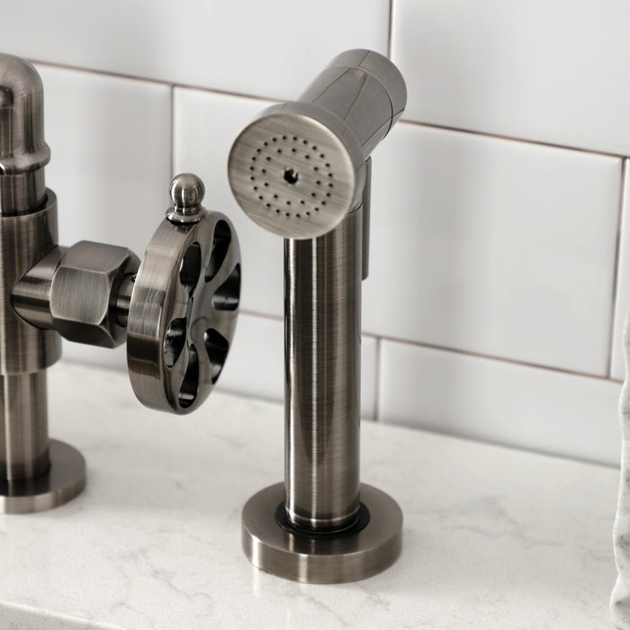 Kingston Sona KS2334RX - Belknap Two-Handle 4-Hole Deck Mount Industrial Style Bridge Kitchen Faucet with Brass Sprayer, Black Stainless