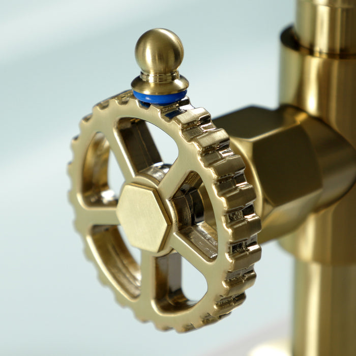 Kingston Sona KS2337CG - Fuller Two-Handle 4-Hole Deck Mount Industrial Style Bridge Kitchen Faucet with Brass Sprayer, Brushed Brass