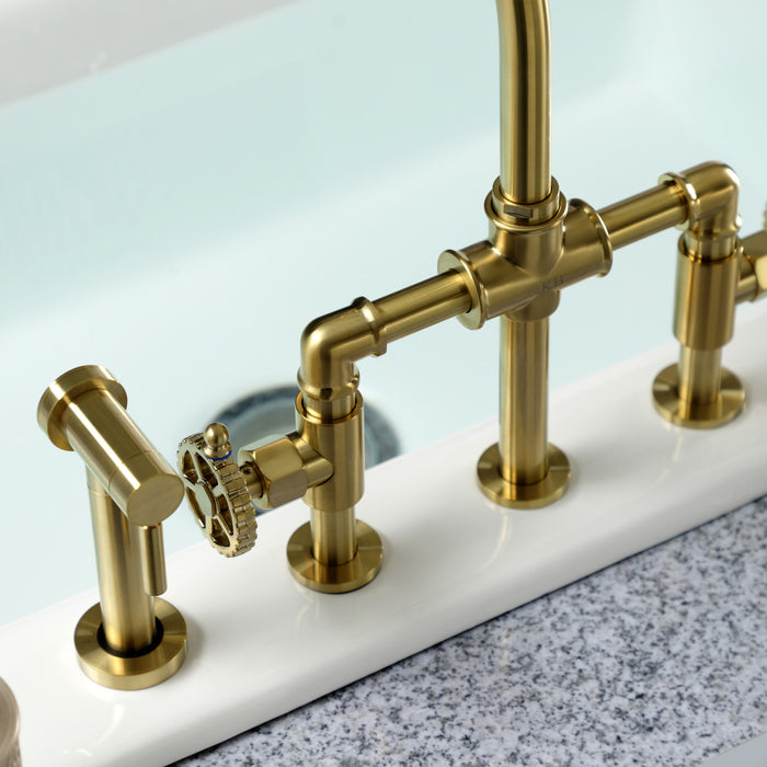 Kingston Sona KS2337CG - Fuller Two-Handle 4-Hole Deck Mount Industrial Style Bridge Kitchen Faucet with Brass Sprayer, Brushed Brass