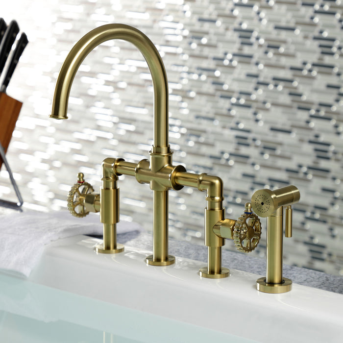 Kingston Sona KS2337CG - Fuller Two-Handle 4-Hole Deck Mount Industrial Style Bridge Kitchen Faucet with Brass Sprayer, Brushed Brass
