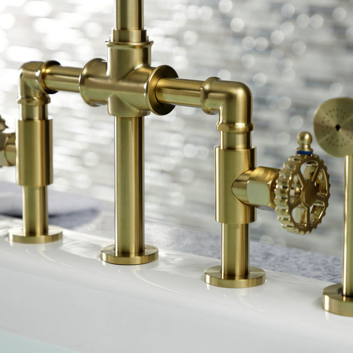 Kingston Sona KS2337CG - Fuller Two-Handle 4-Hole Deck Mount Industrial Style Bridge Kitchen Faucet with Brass Sprayer, Brushed Brass