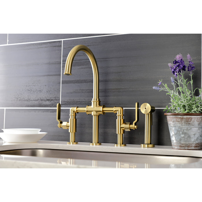 Whitaker KS2337KL Two-Handle 4-Hole Deck Mount Bridge Kitchen Faucet with Brass Sprayer, Brushed Brass