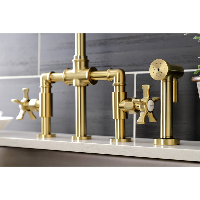 Hamilton KS2337NX Two-Handle 4-Hole Deck Mount Bridge Kitchen Faucet with Brass Sprayer, Brushed Brass