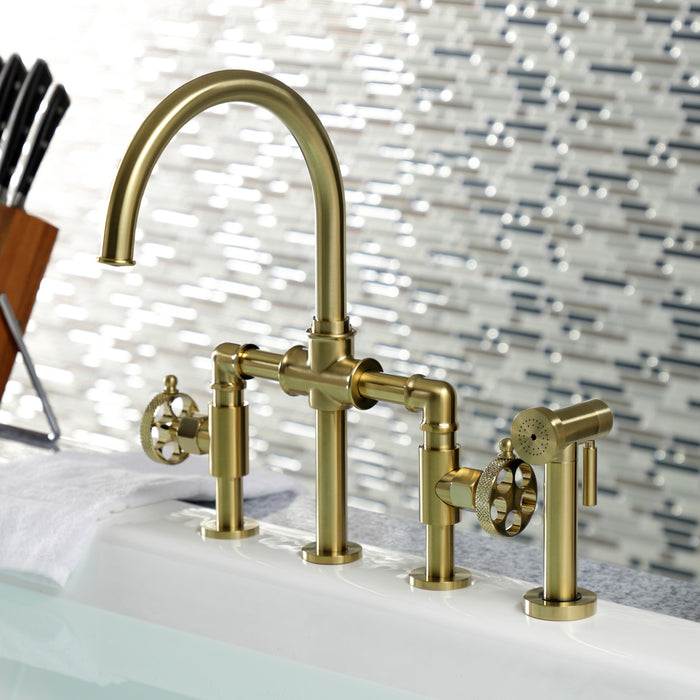 Webb KS2337RKX Two-Handle 4-Hole Deck Mount Bridge Kitchen Faucet with Knurled Handle and Brass Side Sprayer, Brushed Brass
