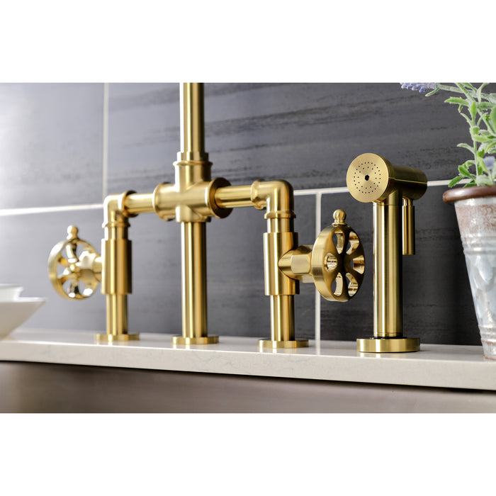Kingston Sona KS2337RX - Belknap Two-Handle 4-Hole Deck Mount Industrial Style Bridge Kitchen Faucet with Brass Sprayer, Brushed Brass