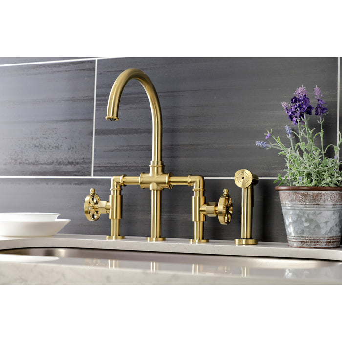 Kingston Sona KS2337RX - Belknap Two-Handle 4-Hole Deck Mount Industrial Style Bridge Kitchen Faucet with Brass Sprayer, Brushed Brass
