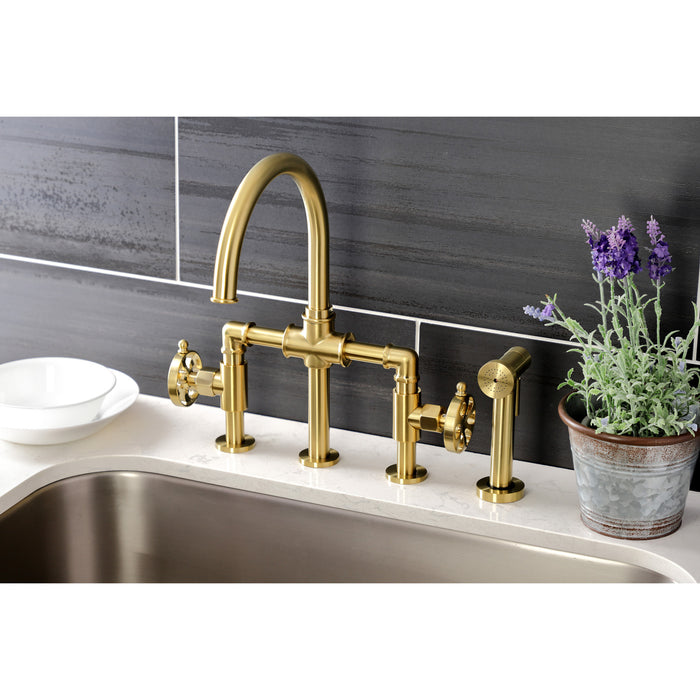 Kingston Sona KS2337RX - Belknap Two-Handle 4-Hole Deck Mount Industrial Style Bridge Kitchen Faucet with Brass Sprayer, Brushed Brass