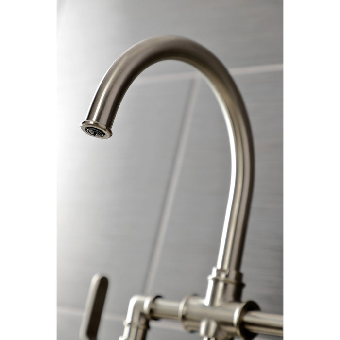 Whitaker KS2338KL Two-Handle 4-Hole Deck Mount Bridge Kitchen Faucet with Brass Sprayer, Brushed Nickel