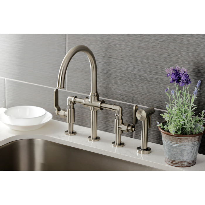 Whitaker KS2338KL Two-Handle 4-Hole Deck Mount Bridge Kitchen Faucet with Brass Sprayer, Brushed Nickel
