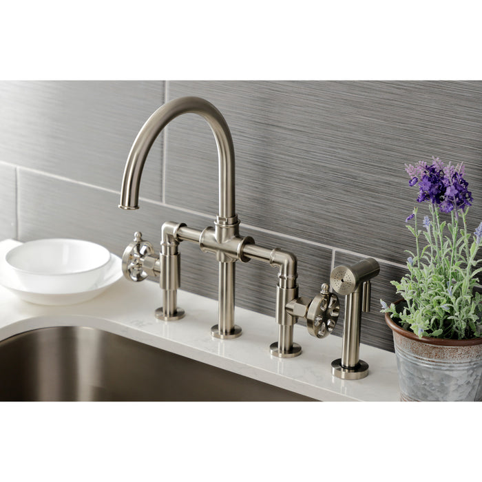 Kingston Sona KS2338RX - Belknap Two-Handle 4-Hole Deck Mount Industrial Style Bridge Kitchen Faucet with Brass Sprayer, Brushed Nickel