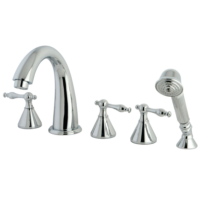 Kingston Tulare KS23615NL - Naples Three-Handle 5-Hole Deck Mount Roman Tub Faucet with Hand Shower, Polished Chrome
