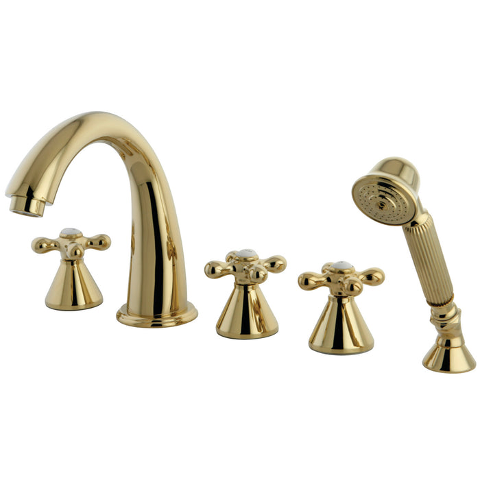 Kingston Tulare KS23625AX - Roman Three-Handle 5-Hole Deck Mount Roman Tub Faucet with Hand Shower, Polished Brass