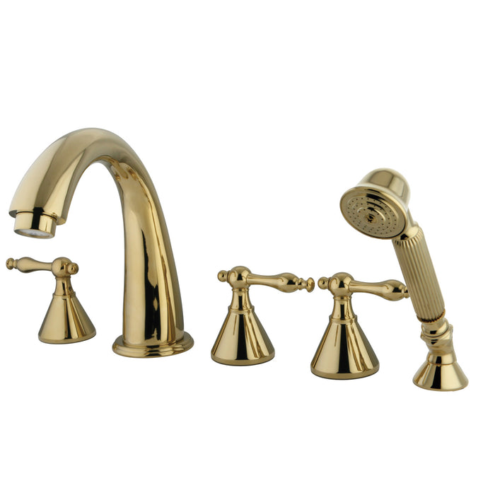 Kingston Tulare KS23625NL - Naples Three-Handle 5-Hole Deck Mount Roman Tub Faucet with Hand Shower, Polished Brass