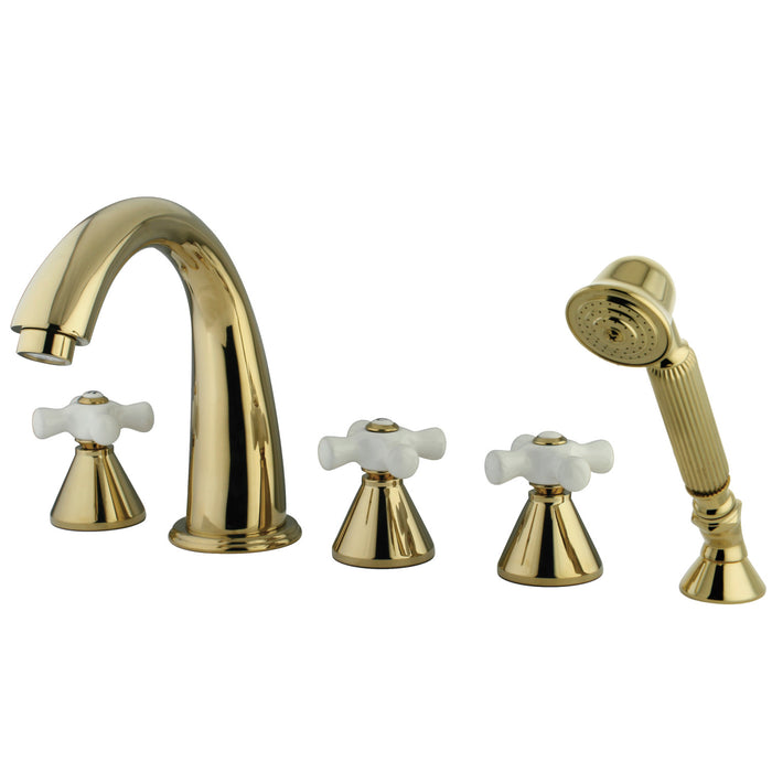 Kingston Tulare KS23625PX - Milano Three-Handle 5-Hole Deck Mount Roman Tub Faucet with Hand Shower, Polished Brass