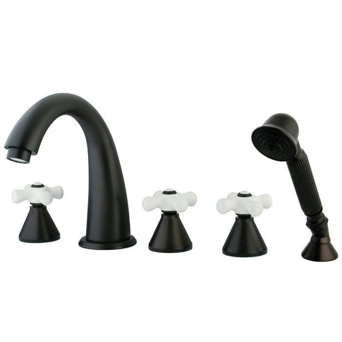 Kingston Tulare KS23655PX - Milano Three-Handle 5-Hole Deck Mount Roman Tub Faucet with Hand Shower, Oil Rubbed Bronze