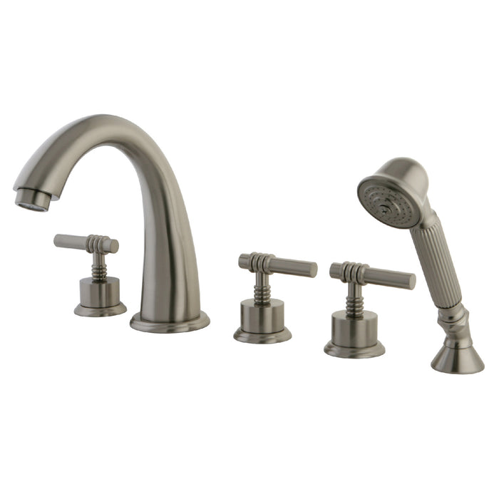 Kingston Sona KS23685ML - Manhattan Three-Handle 5-Hole Deck Mount Roman Tub Faucet with Hand Shower, Brushed Nickel