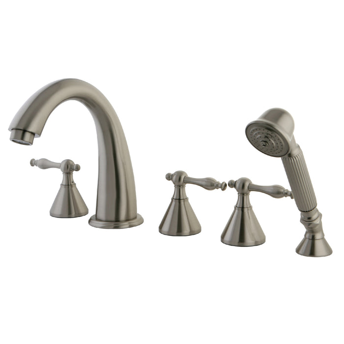Kingston Tulare KS23685NL - Naples Three-Handle 5-Hole Deck Mount Roman Tub Faucet with Hand Shower, Brushed Nickel