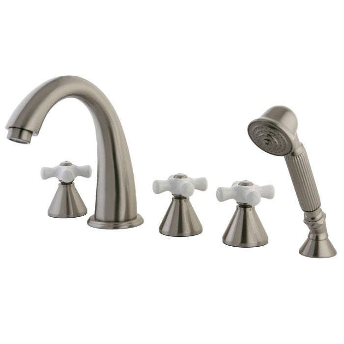 Kingston Tulare KS23685PX - Milano Three-Handle 5-Hole Deck Mount Roman Tub Faucet with Hand Shower, Brushed Nickel