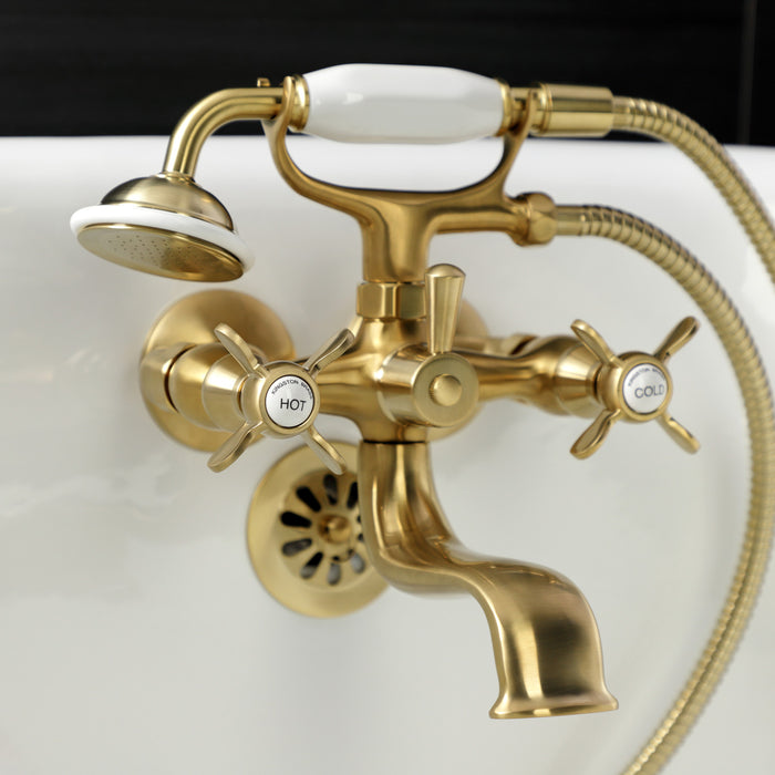 Essex KS245SB Three-Handle 2-Hole Tub Wall Mount Clawfoot Tub Faucet with Handshower, Brushed Brass