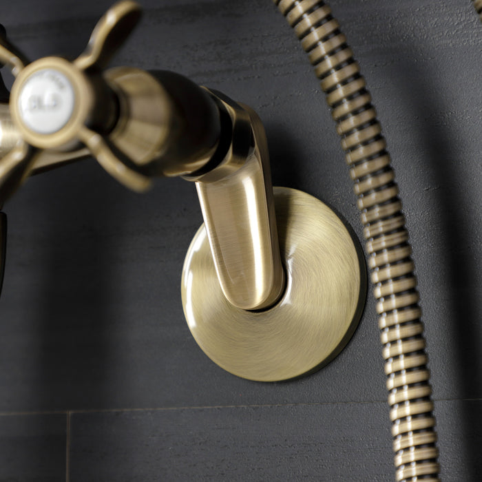 Kingston Heirloom KS246AB - Essex Three-Handle 2-Hole Wall Mount Clawfoot Tub Faucet with Handshower, Antique Brass