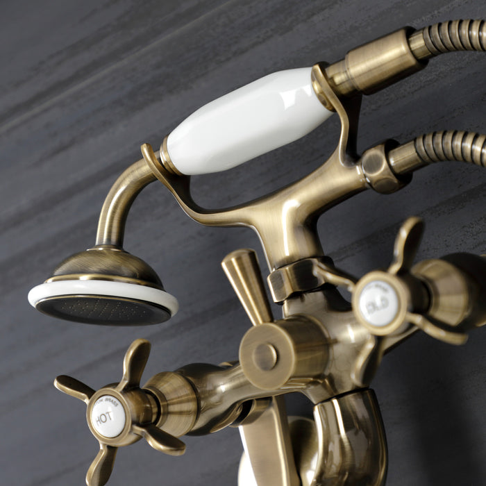Essex KS246AB Three-Handle 2-Hole Wall Mount Clawfoot Tub Faucet with Handshower, Antique Brass
