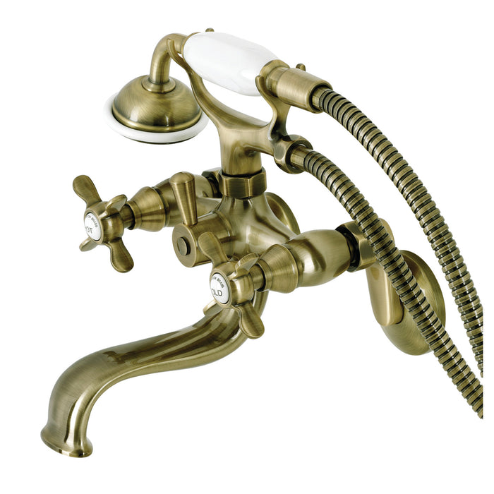 Kingston Heirloom KS246AB - Essex Three-Handle 2-Hole Wall Mount Clawfoot Tub Faucet with Handshower, Antique Brass