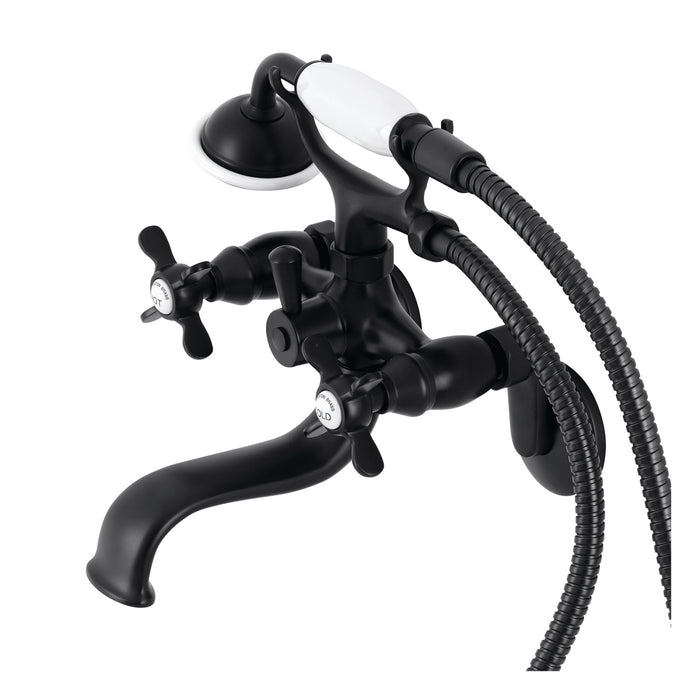 Kingston Heirloom KS246MB - Essex Three-Handle 2-Hole Wall Mount Clawfoot Tub Faucet with Handshower, Matte Black