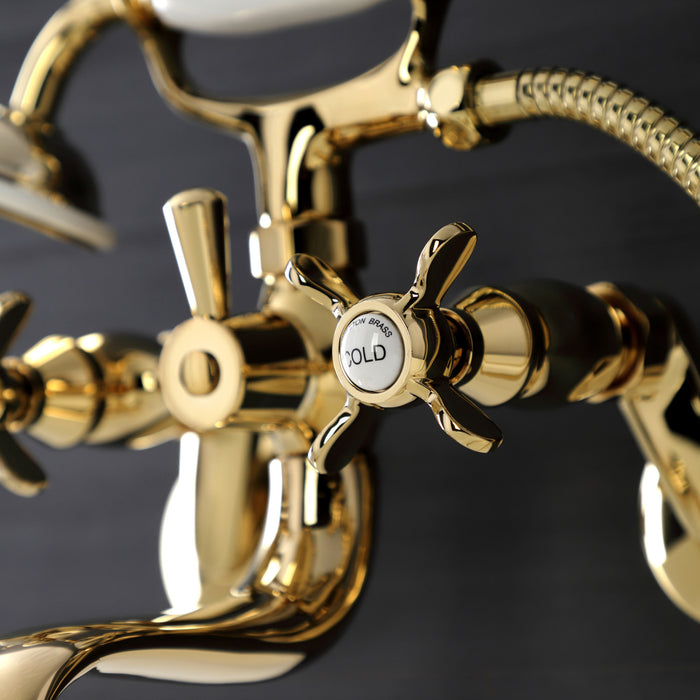Kingston Heirloom KS246PB - Essex Three-Handle 2-Hole Wall Mount Clawfoot Tub Faucet with Handshower, Polished Brass