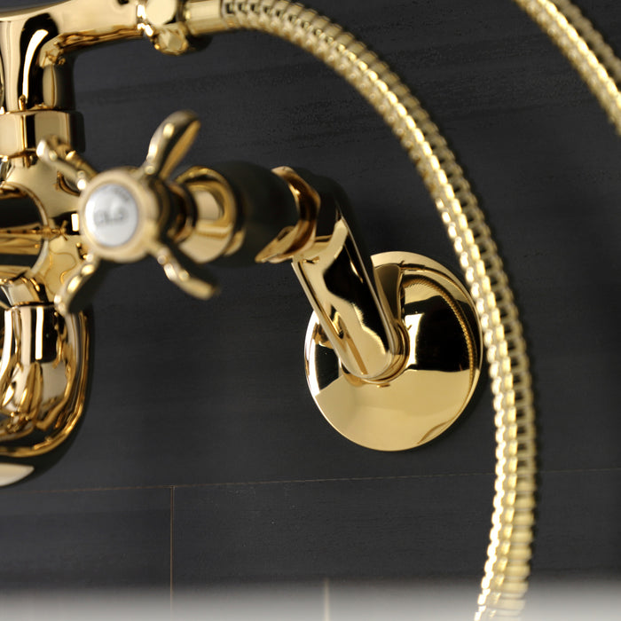 Kingston Heirloom KS246PB - Essex Three-Handle 2-Hole Wall Mount Clawfoot Tub Faucet with Handshower, Polished Brass