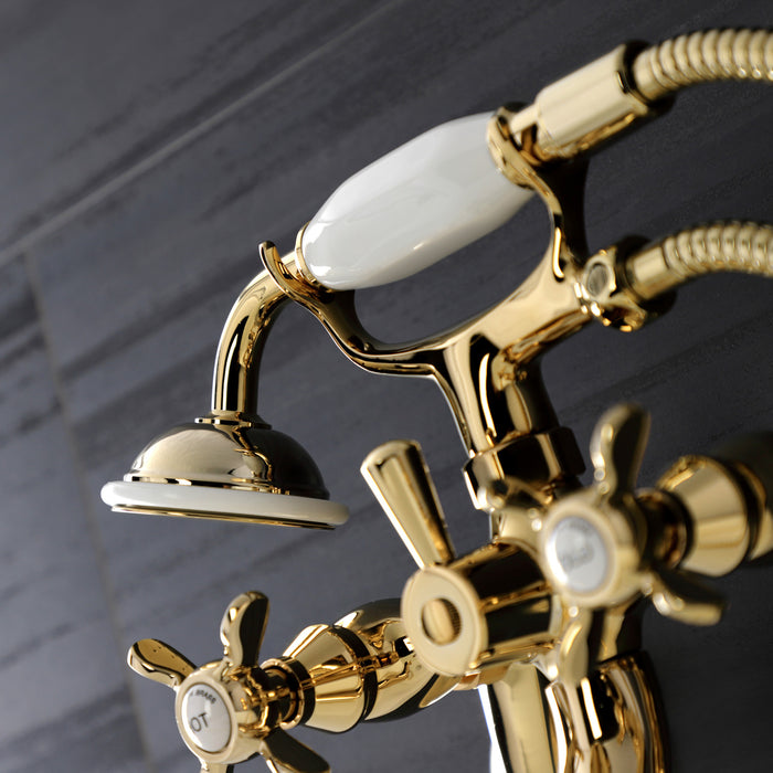 Essex KS246PB Three-Handle 2-Hole Wall Mount Clawfoot Tub Faucet with Handshower, Polished Brass