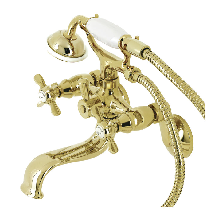 Kingston Heirloom KS246PB - Essex Three-Handle 2-Hole Wall Mount Clawfoot Tub Faucet with Handshower, Polished Brass