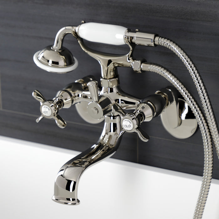 Kingston Heirloom KS246PN - Essex Three-Handle 2-Hole Wall Mount Clawfoot Tub Faucet with Handshower, Polished Nickel