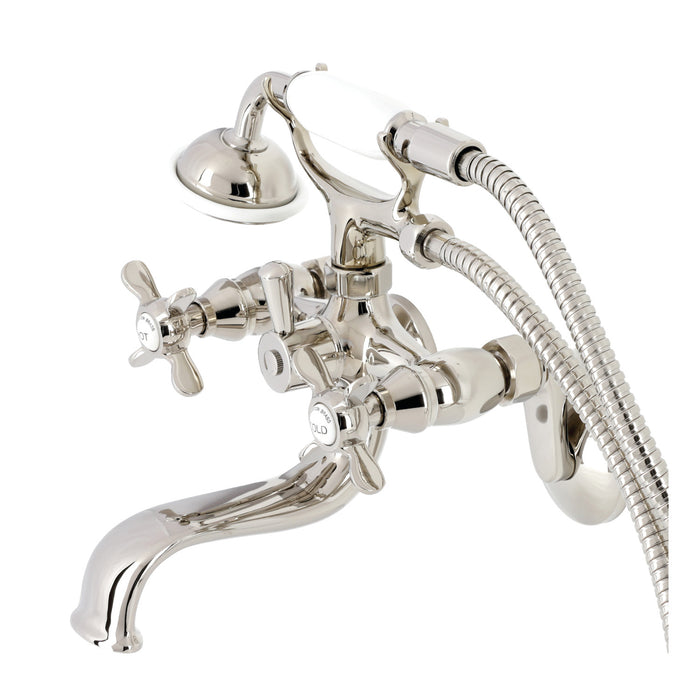 Kingston Heirloom KS246PN - Essex Three-Handle 2-Hole Wall Mount Clawfoot Tub Faucet with Handshower, Polished Nickel