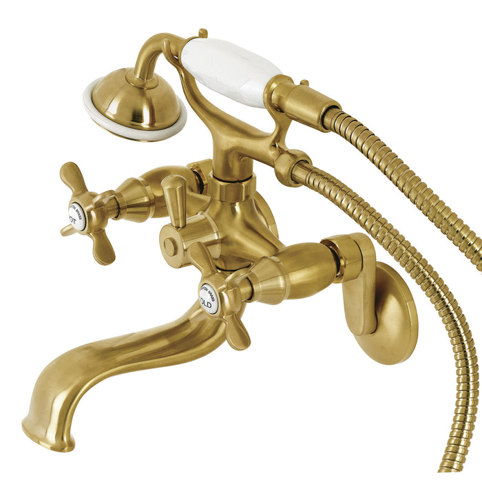 Essex KS246SB Three-Handle 2-Hole Wall Mount Clawfoot Tub Faucet with Handshower, Brushed Brass
