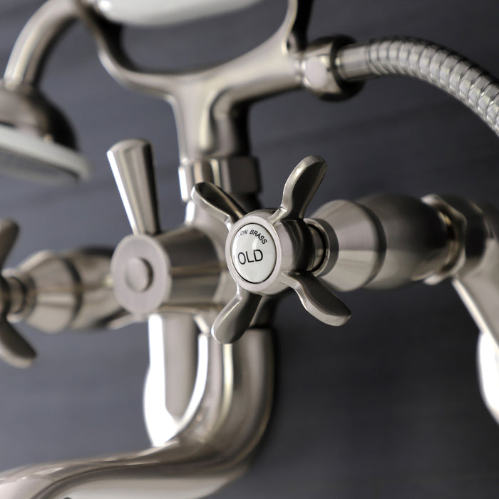 Kingston Heirloom KS246SN - Essex Three-Handle 2-Hole Wall Mount Clawfoot Tub Faucet with Handshower, Brushed Nickel