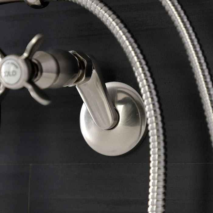 Kingston Heirloom KS246SN - Essex Three-Handle 2-Hole Wall Mount Clawfoot Tub Faucet with Handshower, Brushed Nickel