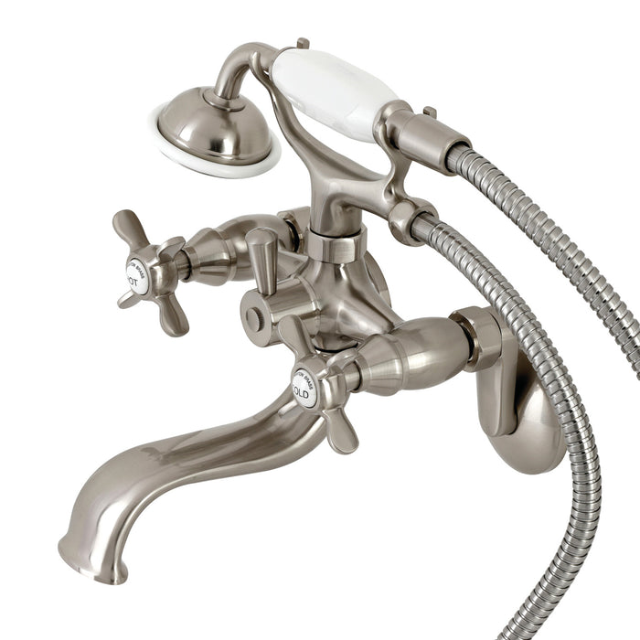 Kingston Heirloom KS246SN - Essex Three-Handle 2-Hole Wall Mount Clawfoot Tub Faucet with Handshower, Brushed Nickel