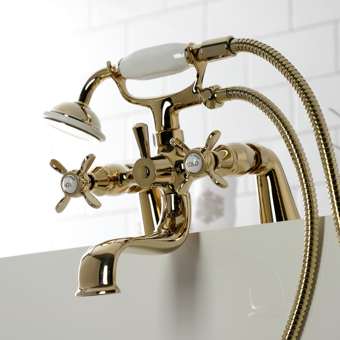 Essex KS247PB Three-Handle 2-Hole Deck Mount Clawfoot Tub Faucet with Handshower, Polished Brass