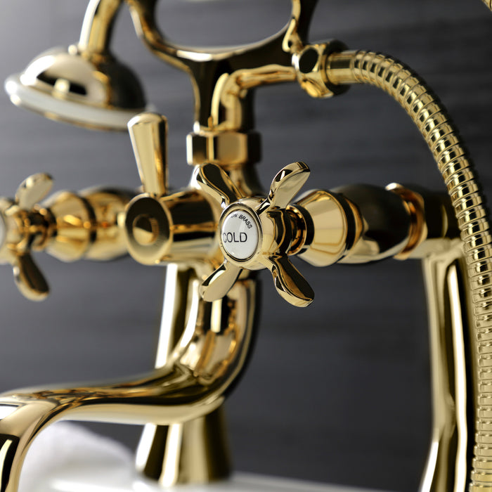 Essex KS248PB Three-Handle 2-Hole Deck Mount Clawfoot Tub Faucet with Handshower, Polished Brass