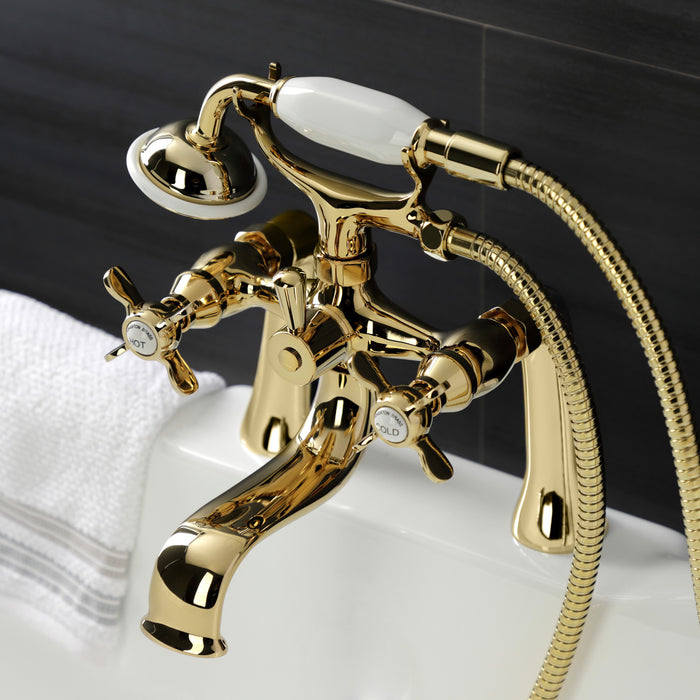 Kingston Heirloom KS248PB - Essex Three-Handle 2-Hole Deck-Mount Clawfoot Tub Faucet with Hand Shower, Polished Brass