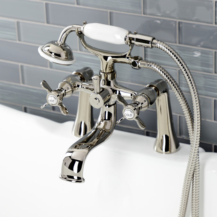 Kingston Heirloom KS248PN - Essex Three-Handle 2-Hole Deck-Mount Clawfoot Tub Faucet with Hand Shower, Polished Nickel