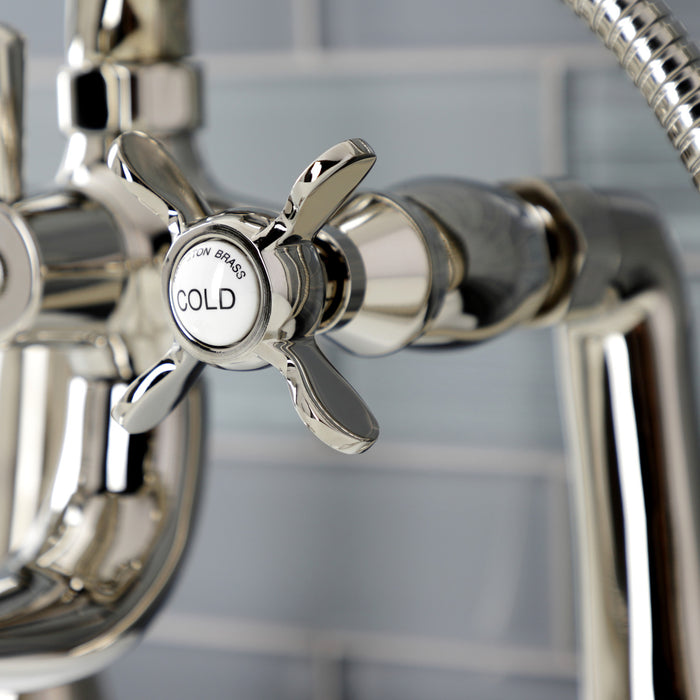 Kingston Heirloom KS248PN - Essex Three-Handle 2-Hole Deck-Mount Clawfoot Tub Faucet with Hand Shower, Polished Nickel